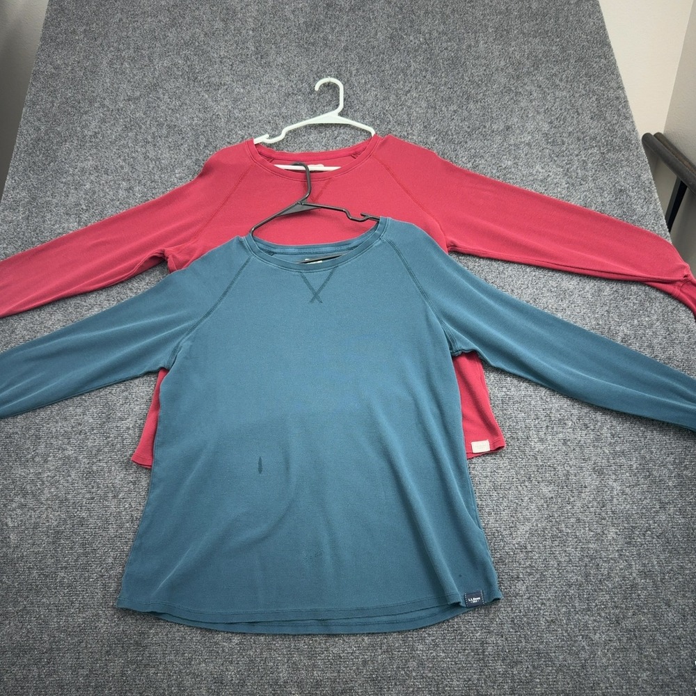 LL Bean Shirt Womens Red Blue Waffle Knit Thermal Long Sleeve Gorpcore Lot of 2